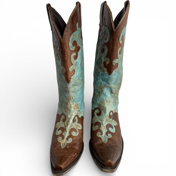 Lane Turquoise Brown Snip Toe Leather Cowboy Western Cowgirl Boots Women's 10.5 - Picture 3 of 13